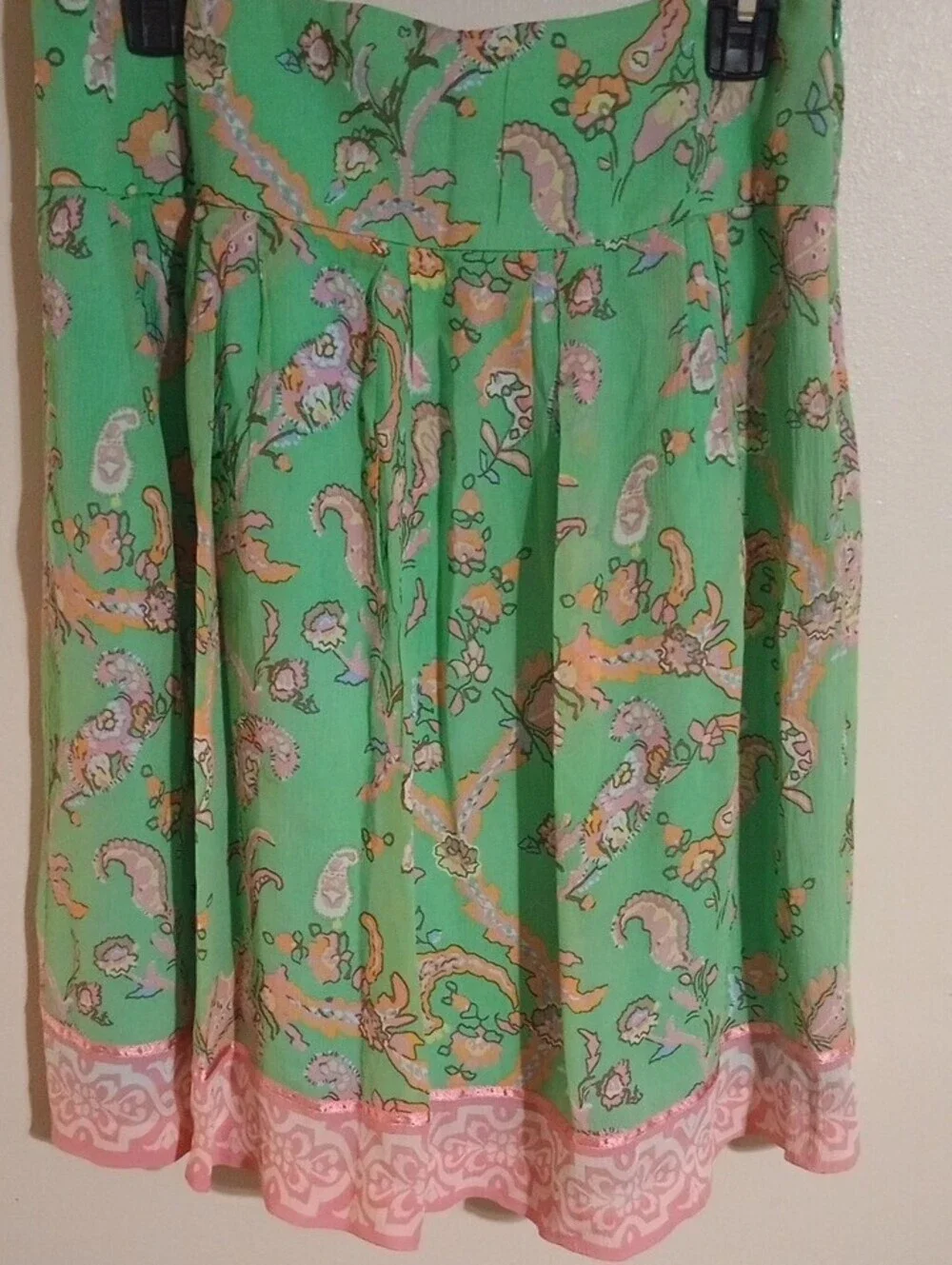 Harold's Green & Pink Paisley Floral Skirt with Pink Border Flowy Feminine